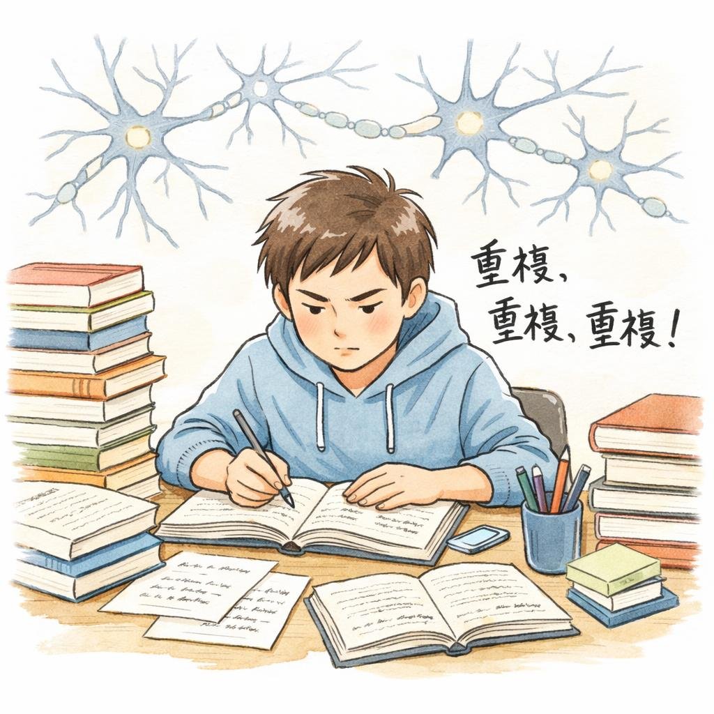 學習重複的重要性插圖，描繪專注的學生和學習工具。