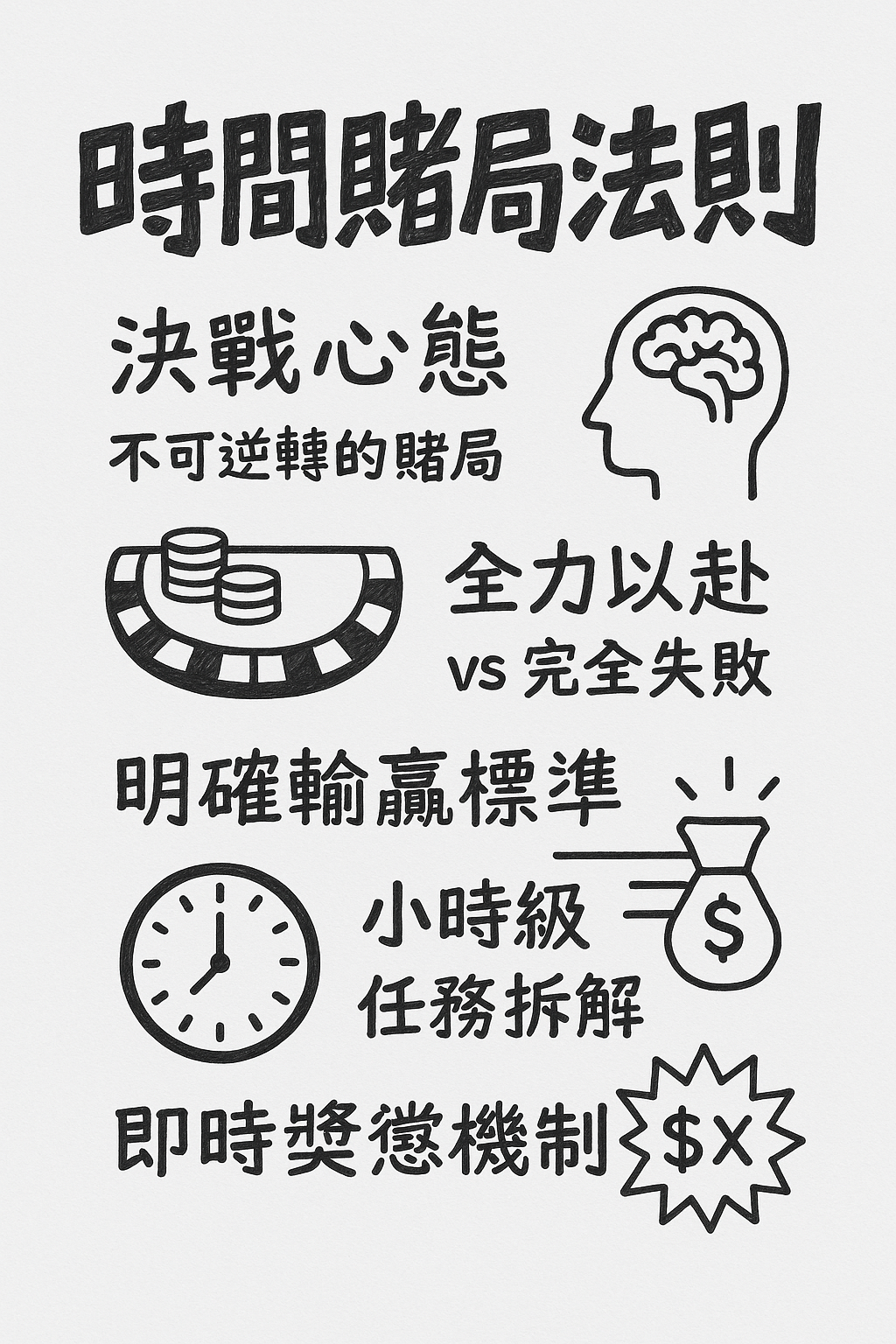 手繪草圖展示時間賭局法則的核心概念，風格簡約創意，強調提升工作效率的方法與心理機制。