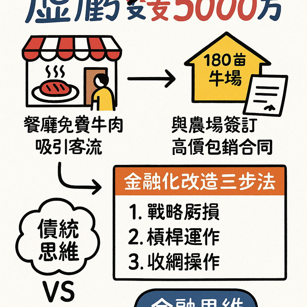 手繪插圖展示180亩牛場的虛虧實盈策略，強調商業思維與金融運作的差異。