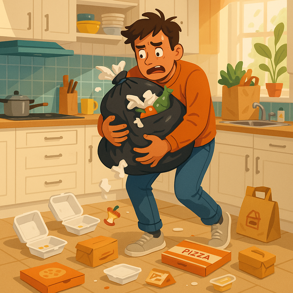 A person struggling with an overfilled trash bag in a cluttered kitchen, illustrating the chaos of rushing.